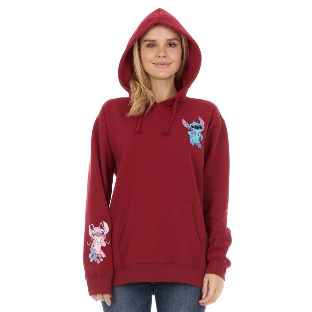 Disney Stitch & Angel Maroon Pullover Hoodie Graphic Embroidered Teen XL/Woman L